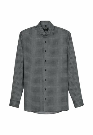 Long-sleeve shirt in dark gray with a geometric print, button-up front, and a classic collar. Smooth fabric with subtle texture.