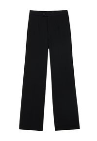 Zwarte wijde broek van gladde stof, met een ritssluiting aan de voorkant en twee plooien voor extra detail. Over het geheel een nauwkeurige pasvorm.
