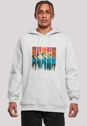 Gray hoodie featuring a mountain and forest graphic in vibrant colors of orange, teal, and brown, with a front pocket and drawstring hood.