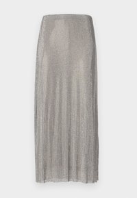 Silver pleated skirt made of metallic mesh, featuring a straight silhouette and a smooth texture with a subtle sheen.