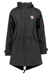 Giacca nera impermeabile con cappuccio, chiusura con zip, vita regolabile con cordino, tasche laterali e una piccola etichetta sul petto. Tessuto liscio e vestibilità rilassata.