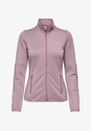 Helle rosa Zip-Jacke aus weichem, elastischem Stoff, mit gerippten Akzenten an den Ärmeln und zwei seitlichen Taschen.