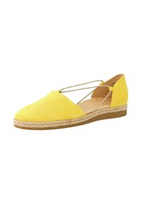 Gele suède espadrille plat met kruislingse veters, gesoldeerde jutezool, afgeronde neus en minimalistische accenten.