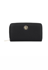 Portafoglio in pelle nera con finitura testurizzata, dettaglio logo dorato e chiusura con zip. Forma rettangolare con un design organizzato.