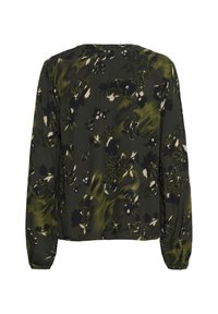 Dunkelgrüne Bluse mit langen Ärmeln und schwarz-beiger Blumenmuster, runder Ausschnitt und lockere Passform, von hinten vor weißem Hintergrund präsentiert.
