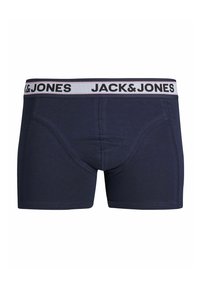 Boxer briefs de algodón azul marino con una cinturilla elástica suave que presenta "JACK&JONES" en texto negro en contraste. Sin patrones visibles.