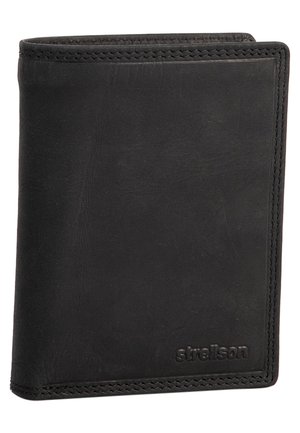 Black leather wallet with a smooth texture, featuring a stitched edge and embossed logo. Compact, bi-fold design for easy storage.
