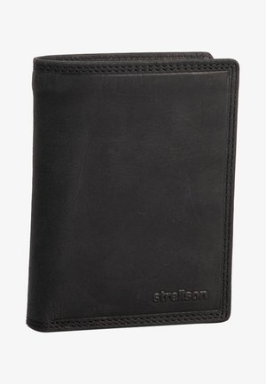 Black leather wallet with a smooth texture, featuring a stitched edge and embossed logo. Compact, bi-fold design for easy storage.