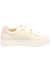 White leather sneaker with a textured rubber sole, flat laces, and a beige suede heel tab. Minimalist design with no visible patterns.