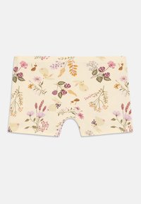 Kindercreme-Shorts mit einem Blumen- und Hasendruck in rosa, lila, orange und grünen Tönen auf einem hellen Hintergrund.