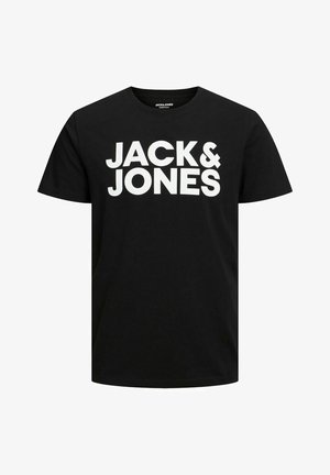 Schwarzes Baumwoll-T-Shirt mit großem weißen Text "JACK & JONES" auf der Vorderseite. Klassischer Rundhalsausschnitt und kurze Ärmel.