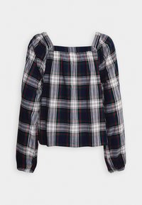 Blouse à carreaux avec manches longues bouffantes, encolure carrée, présentant des motifs à carreaux bleu marine, blanc et rouge sur un tissu léger.