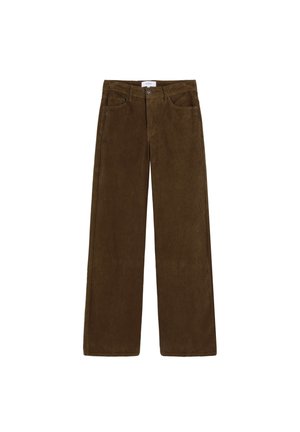 Pantalon large en velours c ôtelé marron à finition texturée, avec fermeture éclair et bouton, et deux poches avant.