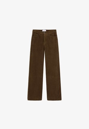 Pantalon large en velours côtelé marron à finition texturée, avec fermeture éclair et bouton, et deux poches avant.