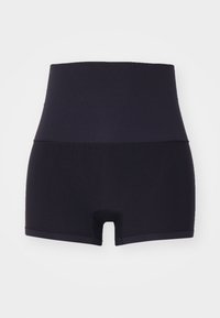 Høytlivde sorte shorts med en glatt tekstur, som har et utskåret detalj nederst og en elastisk midje for komfort.