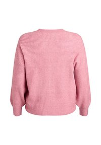 Rausvai rožinis, briaunuotas megztinis su apvalia iškirpte ir nuleistais pečiais. Minkšta tekstūra ir laisvas siluetas, puikiai tinkantis sluoksniuoti.