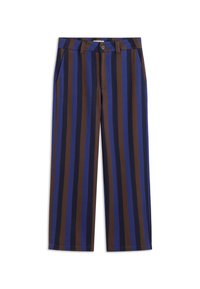 Pantalones a rayas en marrón y azul, con piernas amplias, dos bolsillos laterales, cierre de botón y un tejido texturizado.