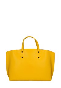 Geel synthetisch tote bag met twee handvatten, een gladde textuur, een bovenste ritssluiting en metalen accenten op de handvatbevestigingen.