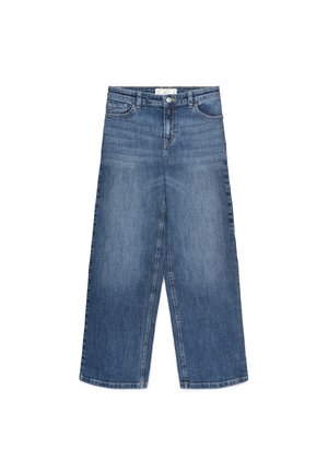 Jean en denim bleu à jambes larges avec fermeture avant à boutons et zip, poches avant et arrière, et détails délavés.