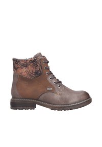 Bottes montantes en cuir marron avec un revers de cheville à motif floral, trois œillets et un petit talon empilé. Caractérisées par des coutures visibles et une finition texturée.