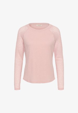 Maglietta rosa a maniche lunghe realizzata in tessuto strutturato con corpo liscio e maniche decorate. Presenta una scollatura rotonda e polsini a costine.