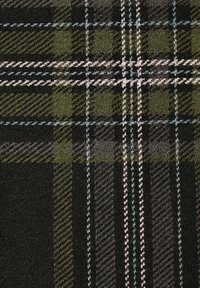 Tessuto a quadri con strisce verde scuro, nere e bianche. Texture morbida con un motivo classico di quadrati e linee.