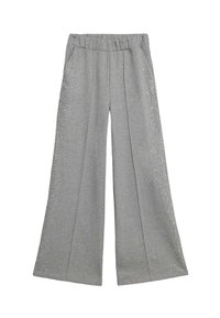 Szare spodnie typu wide-leg wykonane z miękkiego materiału, zdobione akcentami z różnokolorowych kryształków wzdłuż boków oraz elastyczną talią dla wygody.