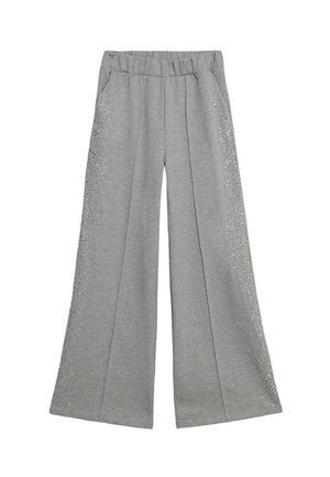 Szare spodnie typu wide-leg wykonane z miękkiego materiału, zdobione akcentami z różnokolorowych kryształków wzdłuż boków oraz elastyczną talią dla wygody.