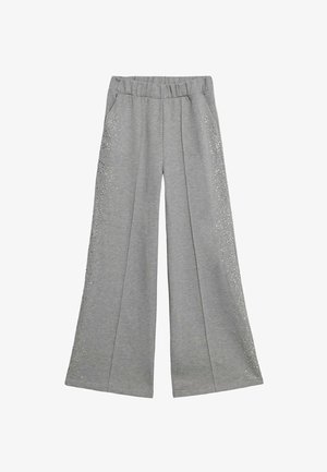 Graue weitläufige Hose aus weichem Stoff, mit Strass-Akzenten an den Seiten und einem elastischen Bund für zusätzlichen Komfort.