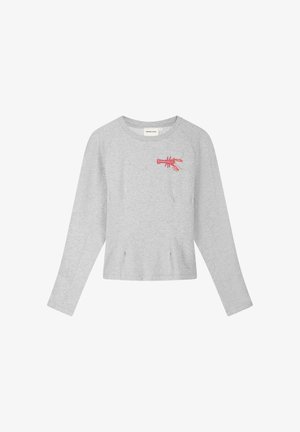 Lichtgrijs longsleeve shirt met ronde hals en rode kreeftborduursel op de linkerborst, met subtiele naaddetails voor een gevormde pasvorm.