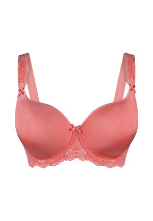 Coral pink bra with smooth cups and lace trim. Features adjustable straps and a center bow detail, designed for support and comfort.