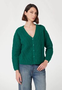Cardigan verde con bottoni e scollatura a V, caratterizzato da motivi a maglia testurizzati e polsini a coste. Abbinato a jeans in denim azzurro chiaro.