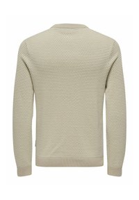 Beige gebreide trui met een gestructureerd stippenpatroon, ronde halslijn en geribbelde manchetten. Geen zichtbare labels of versieringen.