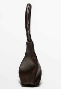 Small, dark brown leather wristlet bag with a curved strap and visible stitching on a white background.