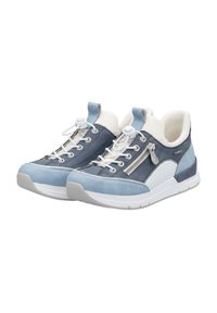Sportliche blaue und graue Sneaker aus einer Kombination von glattem Leder und Mesh. Mit einem seitlichen Reißverschluss, runder Zehenpartie und weißer Sohle.