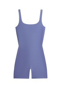 Combinaison une-pièce lavande sans manches avec encolure carrée et bas short, présentée sur fond blanc.