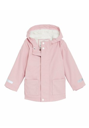 Chaqueta de invierno rosa para niños con capucha, forro de vellón blanco, botones a presión en la parte delantera, dos bolsillos y tiras reflectantes en las mangas.