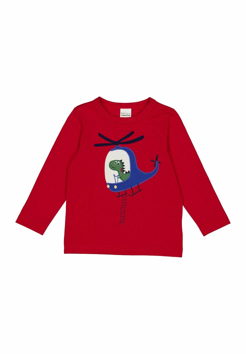 Červená košile s dlouhým rukávem, na které je modrá grafika vrtulníku se dinosaurem uvnitř. Vyrobeno z měkké bavlny s kulatým výstřihem.