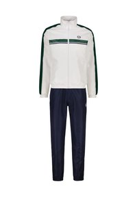 Weißer Sportanzug mit grünen und dunkelblauen Akzenten, bestehend aus einer Reißverschlussjacke mit hohem Kragen und passenden elastischen Sporthosen.