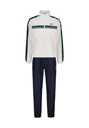 Weißer Sportanzug mit grünen und dunkelblauen Akzenten, bestehend aus einer Reißverschlussjacke mit hohem Kragen und passenden elastischen Sporthosen.