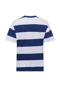 Navy and white striped cotton t-shirt with short sleeves. Round neckline and straight cut. Soft texture, suitable for casual wear.