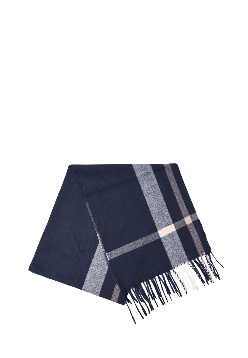 Sciarpa di lana blu navy a quadri realizzata in tessuto morbido, con strisce bianche e grigie e bordi frangiati, piegata ordinatamente.