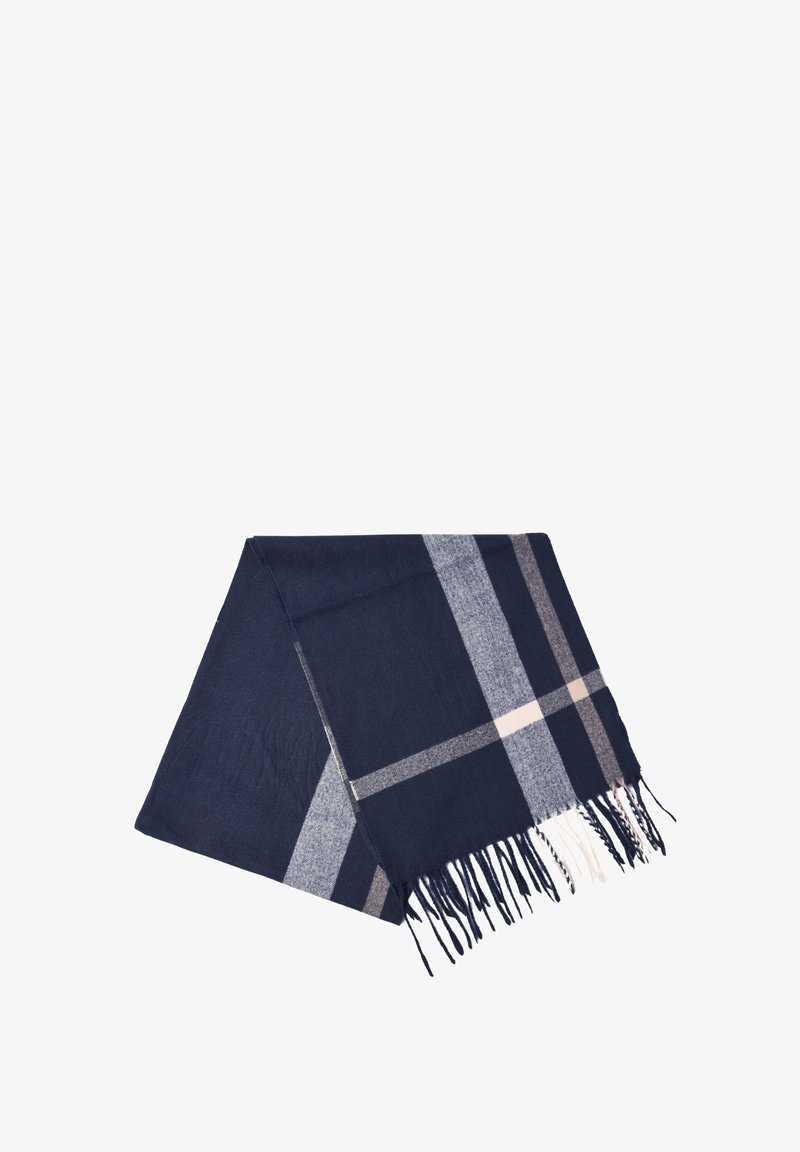 Sciarpa di lana blu navy a quadri realizzata in tessuto morbido, con strisce bianche e grigie e bordi frangiati, piegata ordinatamente.
