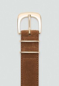 Brauner Wildledergürtel mit einer glatten, metallic goldfarbenen Schnalle. Verfügt über drei goldfarbene Halter und sichtbare Nähte entlang des Riemens.