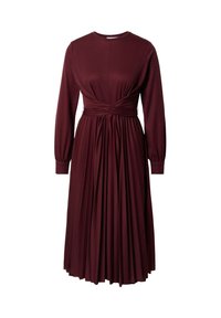 Burgundy mekko, jossa on pitkät hihat, pleated-hame ja kiertävä vyötäröyksityiskohta. Valmistettu sileästä kankaasta, joka on rakenteellisesti istuva.