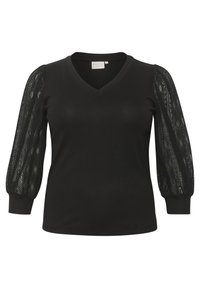 Schwarzes T-Shirt mit V-Ausschnitt und taillierter Passform; verfügt über transparente Spitzenlangärmel mit elastischen Bündchen, die Textur und Musterkontrast hinzufügen.