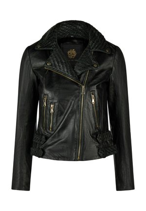 Schwarze Leder-Bikerjacke mit gewebten, strukturierten Revers, drei vorderen Reißverschlusstaschen und verstellbaren seitlichen Schnallen.