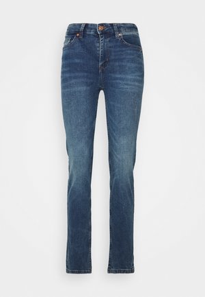 Jeans in denim di un blu scuro con una vestibilità dritta, caratterizzati da un classico design a cinque tasche e una chiusura con bottone in vita.