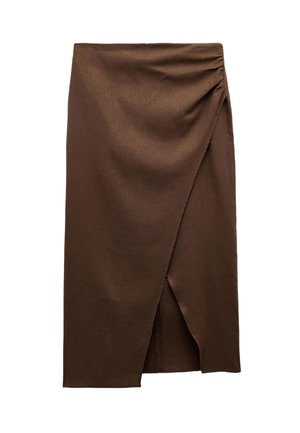 Brąskowa spódnica do kolan, wykonana z miękkiego materiału, z bocznym krojem z rozporkiem. Gładka tekstura i przeszycia w talii.