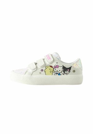 White children's sneaker with three velcro straps, glitter details, and colorful cartoon characters on the side.